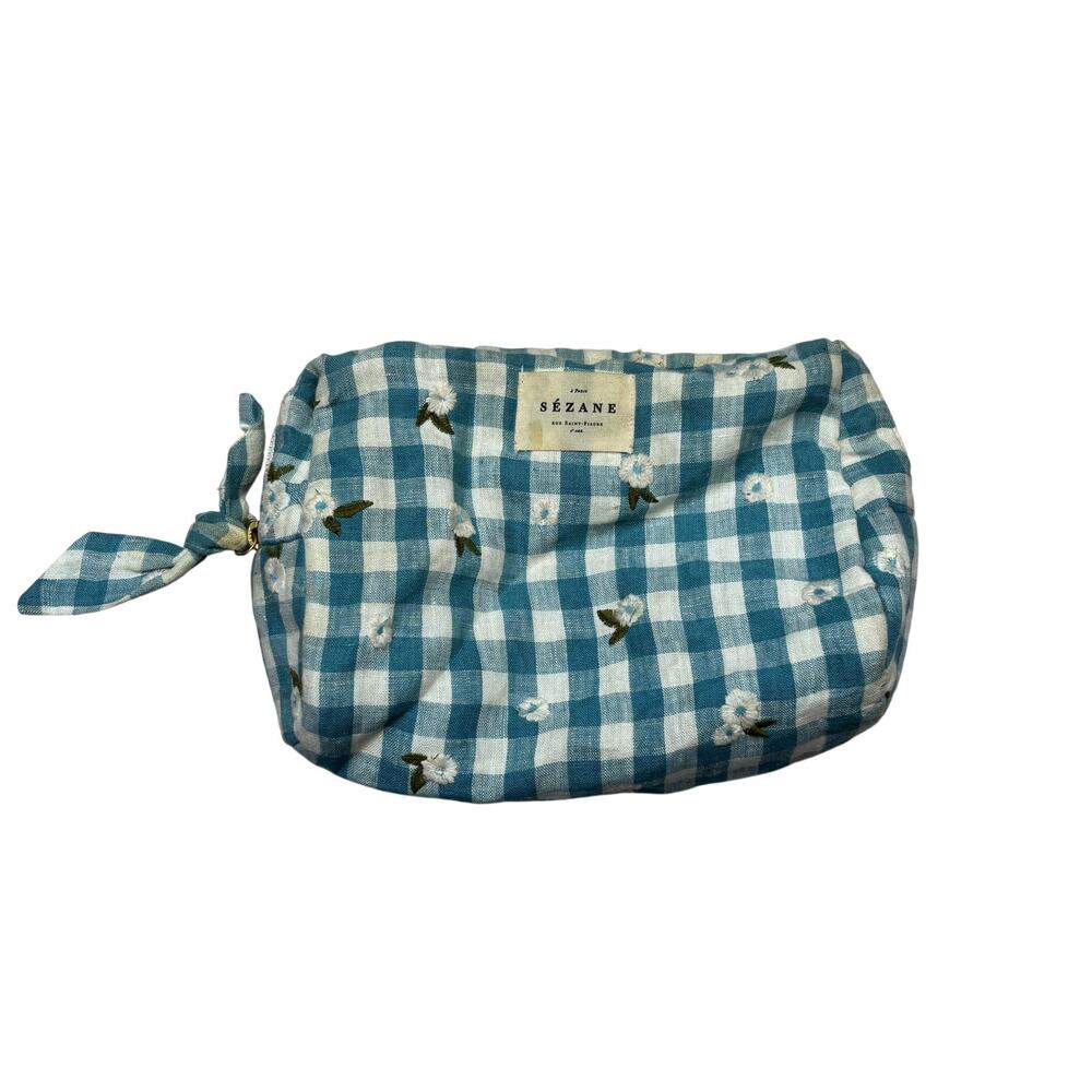 Sezane Toiletry Bag Floral Plaid Check Cosmetic Pouch